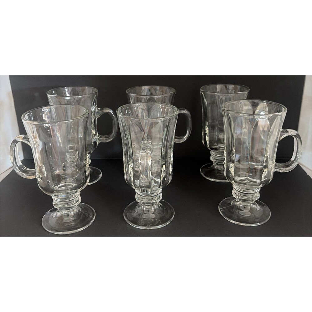 Vintage Libbey Signed L Clear Glass Irish Coffee Mugs Footed Pedestal Set of 6